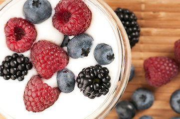 Image showing Yogurt with blueberries, raspberries and blackberries