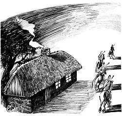 Image showing cottage house and four horsemen