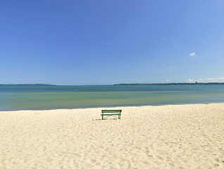 Image showing lake Michigan beach with bench 