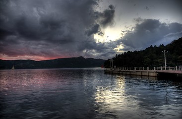 Image showing sunset on lake ashi, japan