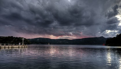 Image showing sunset on lake ashi, japan