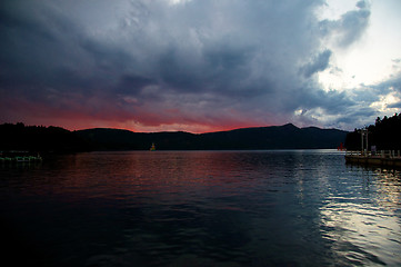 Image showing sunset on lake ashi, japan