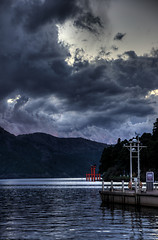 Image showing sunset on lake ashi, japan