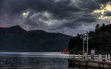 Image showing sunset on lake ashi, japan