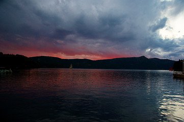 Image showing sunset on lake ashi, japan