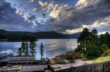 Image showing Torii in a water and ashi lake, Japan