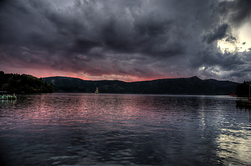 Image showing sunset on lake ashi, japan