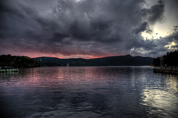 Image showing sunset on lake ashi, japan