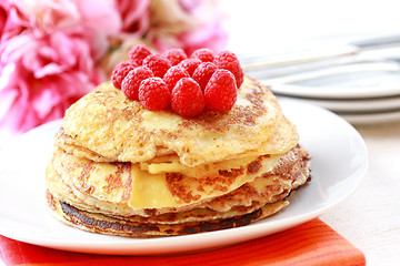 Image showing Pancakes with fresh raspberries