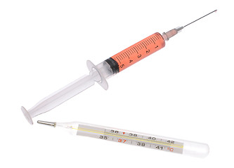 Image showing Medical thermometer and syringe. 