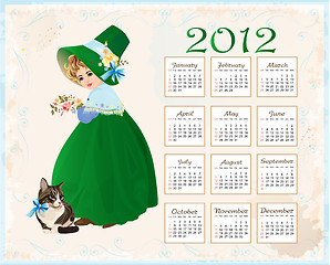 Image showing vintage  style  calendar 2012 with cat and girl