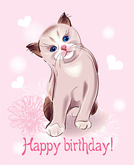 Image showing Happy birthday greeting card  with  little  kitten on the pink b