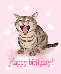 Image showing Happy birthday card.   Funny cat sings greeting song. Pink backg