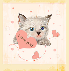 Image showing Valentines day greeting card with kitten and hearts