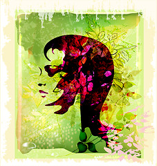 Image showing silhouette  of beautiful young woman on the floral background