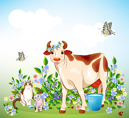 Image showing Country life. Cat, kitten and cow