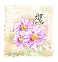 Image showing pink field flowers and butterfly