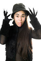 Image showing Funny girl in gloves with claws. Isolated