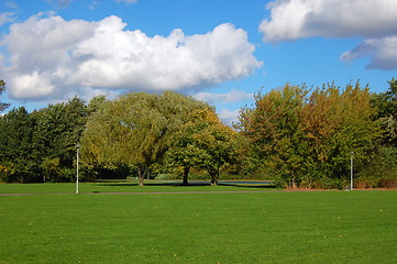 Image showing forest and garden under blue sky at fall