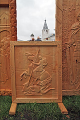 Image showing wooden icons on street exhibition