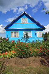 Image showing summer flowerses near rural building