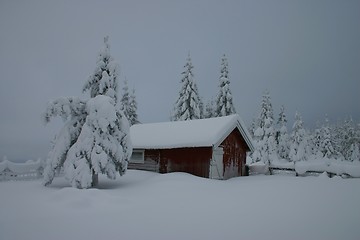 Image showing red cottage in winter landscape