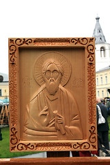 Image showing wooden icons on street exhibition