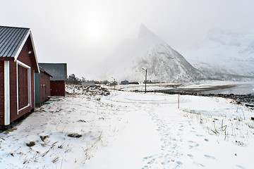 Image showing Fjord and mountainous scenery in winter from Senja, North Norway