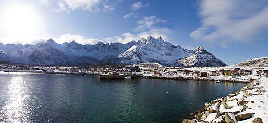 Image showing Fjord and mountainous scenery in winter from Senja, North Norway