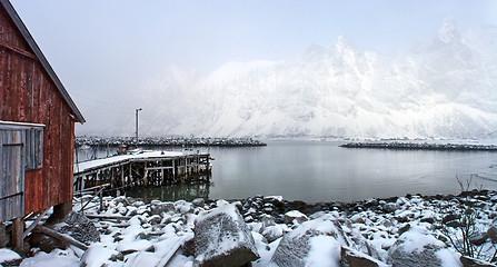 Image showing Fjord and mountainous scenery in winter from Senja, North Norway
