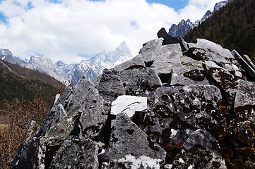 Image showing Tibetan Buddhist temple by snow mountain