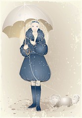 Image showing The girl with an umbrella and a dogThe girl with an umbrella and a dog