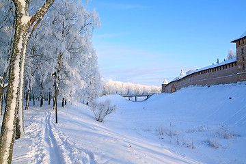 Image showing track left by skis near kremlin wall