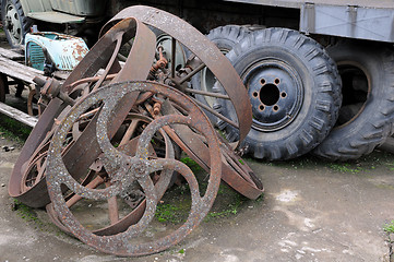 Image showing Old Truck and Cart Wheels