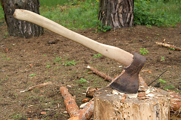 Image showing Axe in stump in the clearing in woods