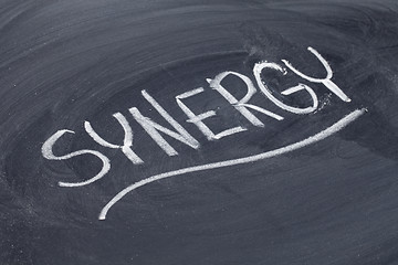 Image showing synergy word on blackboard