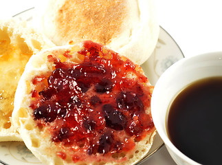 Image showing english muffins with jelly and coffee