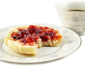 Image showing english muffins with jelly and coffee