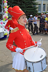 Image showing Staraya Russa, Russia - July 9: Young drummer girl at the parade