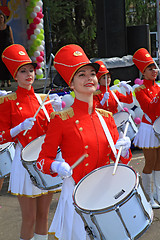 Image showing Staraya Russa, Russia - July 9: Young drummer girls at the parad