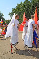 Image showing Staraya Russa, Russia - July 9: Unknown men on stilt at the para