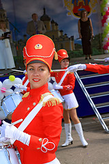 Image showing Staraya Russa, Russia - July 9: Young drummer girl at the parade