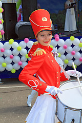 Image showing Staraya Russa, Russia - July 9: Young drummer girl at the parade