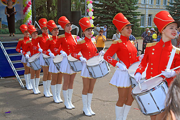 Image showing Staraya Russa, Russia - July 9: Young drummer girls at the parad