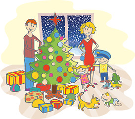 Image showing happy family dressing up the christmas tree