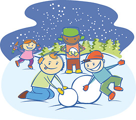 Image showing kids making a snow man isolated
