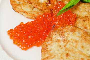 Image showing pancakes with red caviar