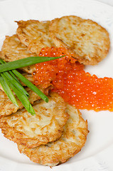 Image showing pancakes with red caviar