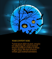 Image showing Halloween illustration with pumpkins, bats and big moon