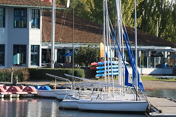 Image showing Sailboats and paddle boats